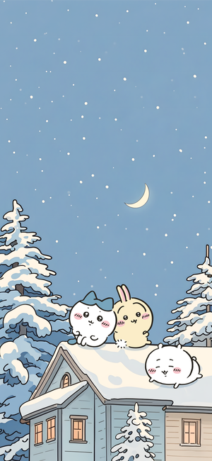 吉伊卡哇、乌萨奇、飞鼠雪夜趴在屋顶 - 吉伊卡哇手机背景
