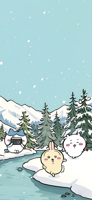 吉伊卡哇、小八、烏薩奇在雪景溪流邊 - 吉伊卡哇手機背景