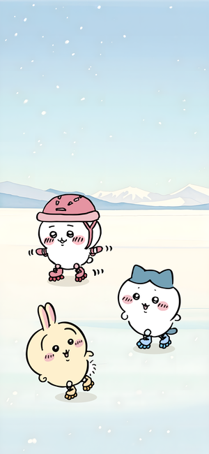 吉伊卡哇、小八、烏薩奇在雪地滑冰 - 手機背景