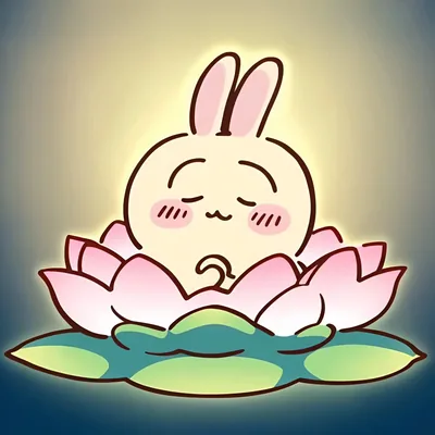 光るピンクの蓮の花の上で穏やかに目を閉じるうさぎのSNSアイコン