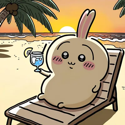 うさぎが夕暮れのビーチベッドでトロピカルドリンクを持つSNSアイコン