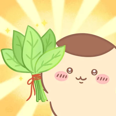 光を背に緑の葉の束を嬉しそうに掲げるくりまんじゅうのSNSアイコン