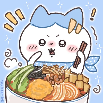 ハチワレが具だくさんの大きなラーメンを前に気合十分なプロフィール画像