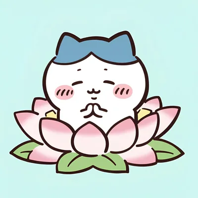 ハチワレがピンクの蓮の花の上で合掌して瞑想する可愛いSNSアイコン