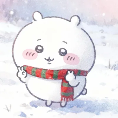 マフラーを巻いて雪の中でピースサインをする可愛いちいかわSNSアイコン