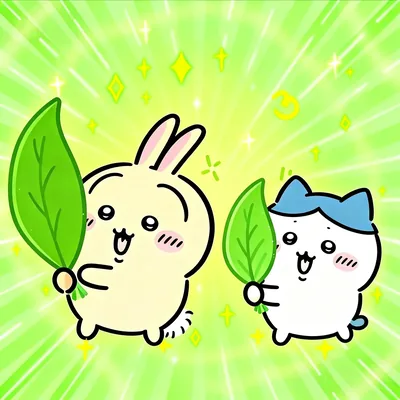 うさぎとハチワレが緑の葉っぱを持ってキラキラ輝く可愛いアイコン
