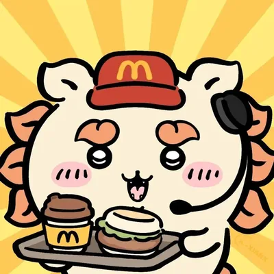 ファストフード店員姿でハンバーガーを運ぶ可愛いちいかわキャラクターのSNSアイコン