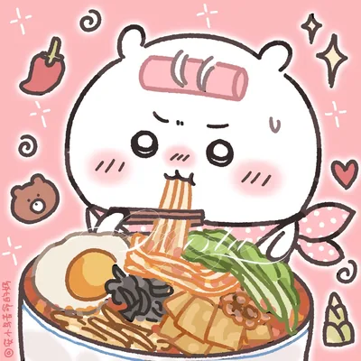 ちいかわが冷却シートを貼って汗を流しながら辛いラーメンを食べるSNSアイコン