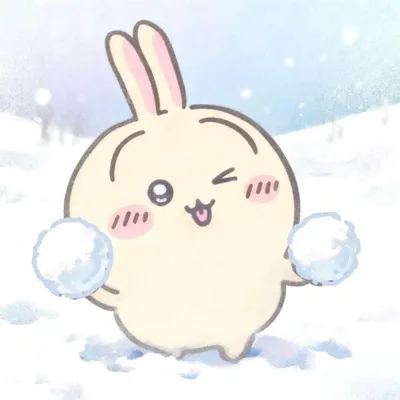 雪の中で雪玉を両手に持ってウインクするうさぎの可愛いペアアイコン