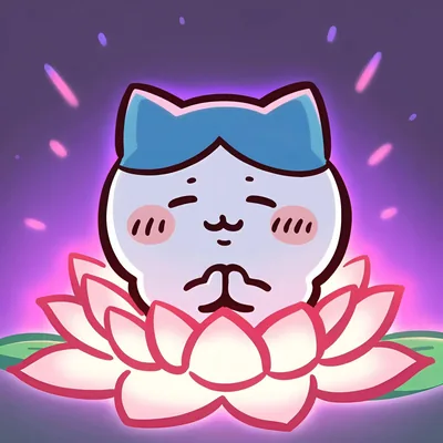 光る蓮の花の上で穏やかに瞑想しているハチワレの可愛いSNSアイコン