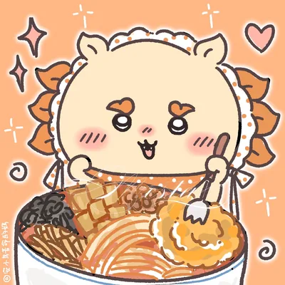 よだれかけを着けて大きなラーメンを嬉しそうに食べるちいかわキャラクターSNSアイコン