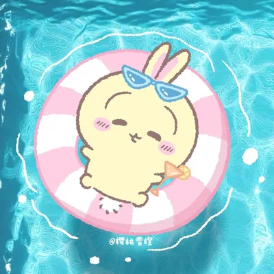 うさぎがサングラス姿で浮き輪に浮かびジュースを楽しむ夏のSNSアイコン
