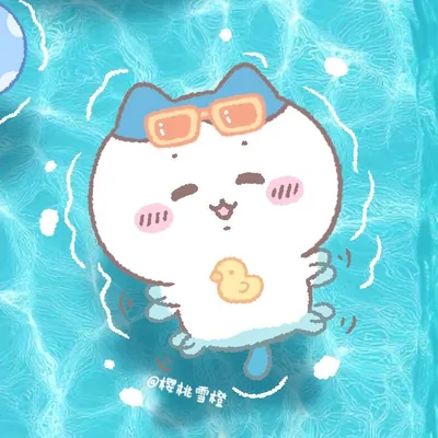 ハチワレがゴーグルをつけて青いプールで気持ちよく浮かぶ可愛いペアアイコン