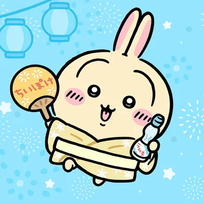 浴衣姿でうちわとラムネを持つ可愛いうさぎの夏祭り花火スマホ壁紙