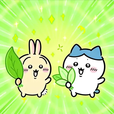 うさぎとハチワレが嬉しそうに草を持つ可愛いSNSアイコン
