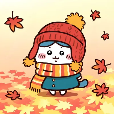 ハチワレが赤いニット帽とマフラーをつけて紅葉に包まれる秋のペアアイコン
