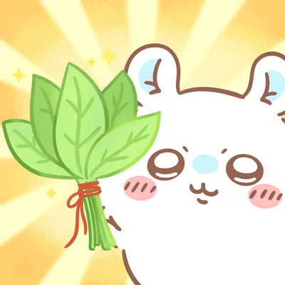 ちいかわのキャラクターが葉っぱの束を持って輝くSNSアイコン