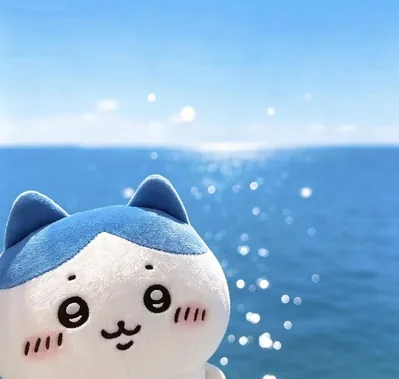 キラキラ輝く青い海をバックに微笑むハチワレぬいぐるみのプロフィール画像