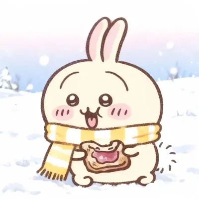 マフラーを巻いて雪の中でトーストを食べるうさぎの可愛いアイコン