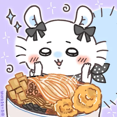 黒いリボンをつけた可愛いモモンガが大盛りラーメンを前に喜ぶアイコン