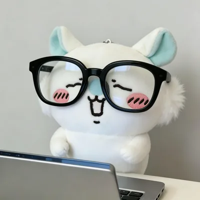 黒縁メガネをかけてにっこり笑うモモンガのぬいぐるみSNSアイコン