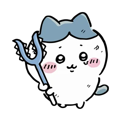 青いさすまたを持って微笑むハチワレのキャラクター素材
