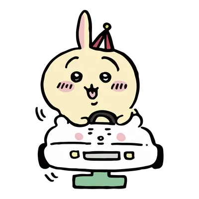 パーティー帽子をかぶってちいかわの乗り物を運転するうさぎのキャラクター素材