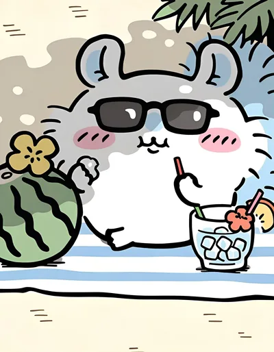サングラスをかけてビーチで冷たいドリンクを楽しむくりまんじゅうのSNSアイコン