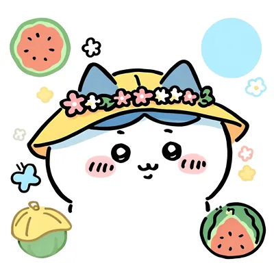 夏のお花付き麦わら帽子とスイカが可愛いハチワレのペアアイコン