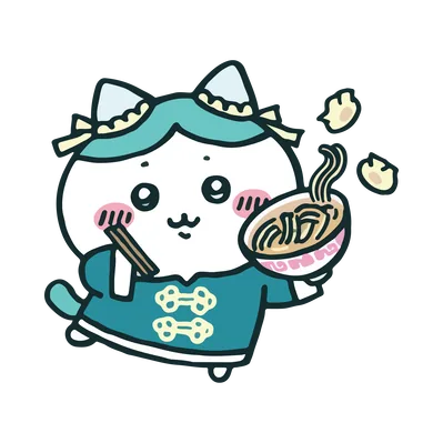 チャイナ服を着てラーメンと箸を持つ可愛いハチワレの透過PNG