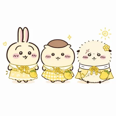 うさぎとくりまんじゅうとラッコの黄色いワンピース姿ペアアイコン