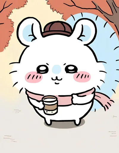 帽子とマフラーをつけて温かい飲み物を持つ秋のモモンガ ペアアイコン