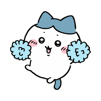 水色のポンポンを持って元気いっぱいに応援するハチワレの透過PNG