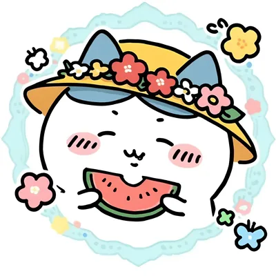 ハチワレがお花の麦わら帽子をかぶってスイカを食べる可愛いSNSアイコン