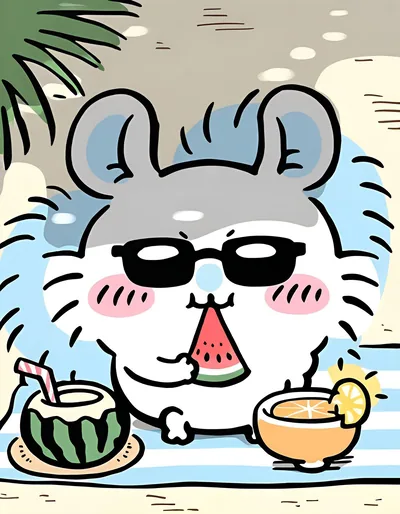 サングラスをかけて海辺で美味しそうにスイカを食べるちいかわのキャラクタープロフィール画像