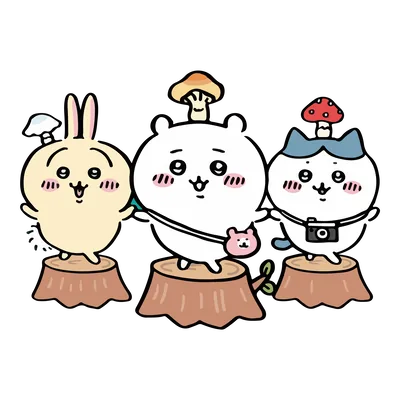 切り株の上に立つキノコが生えたちいかわとハチワレとうさぎの透過PNG