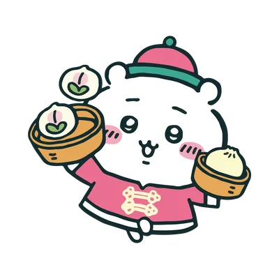 中華服姿でせいろの桃まんや点心を持つかわいいちいかわのイラストPNG画像