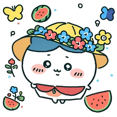 お花付き麦わら帽子と水着姿でスイカに囲まれたハチワレの可愛いプロフィール画像
