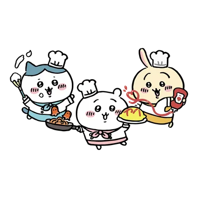ちいかわレストランで料理を作るちいかわとハチワレとうさぎの可愛い透過PNG
