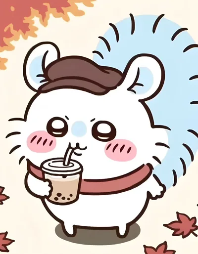 ベレー帽をかぶってタピオカミルクティーを飲む秋のモモンガ SNSアイコン