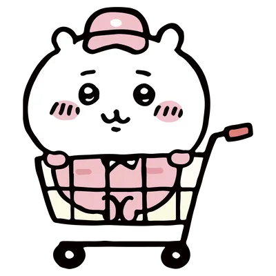 ピンクの帽子をかぶってショッピングカートに乗るちいかわ透明背景PNG画像