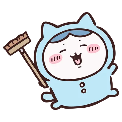 青いパジャマを着てほうきを持って喜ぶハチワレの透過PNG