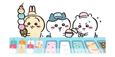 アイスクリーム屋さんで働くちいかわとハチワレとうさぎの可愛いイラスト透過PNG