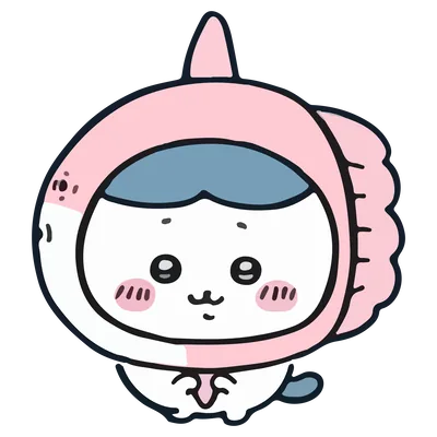 ピンクの魚の被り物をかぶったかわいいハチワレのキャラクター素材