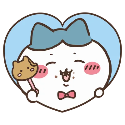 青い大きなリボンをつけてお菓子を食べるハチワレのキャラクター素材