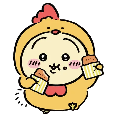 ニワトリの着ぐるみを着て美味しそうにチキンを食べるちいかわ透過PNG