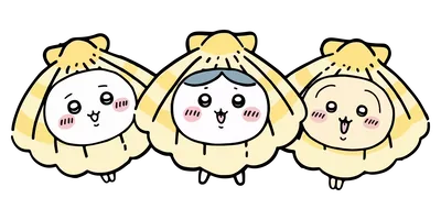 ホタテの貝殻をかぶった可愛いちいかわ・ハチワレ・うさぎのPNG画像