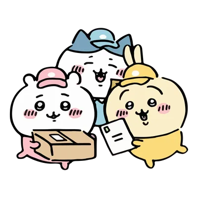 配達員姿で荷物や手紙を届けるちいかわ、ハチワレ、うさぎのキャラクター素材