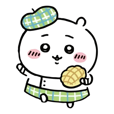 メロンパンを手にして走るパン職人姿のちいかわベーカリー透過PNG