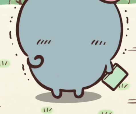 緑色の本を持ち後ろ姿で緊張して震えるちいかわのキャラクターのアニメーションGIF
